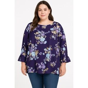 Collection By Bobeau Women Blouse Purple Floral 3/4 Sleeve Ruffle Top Bohemian